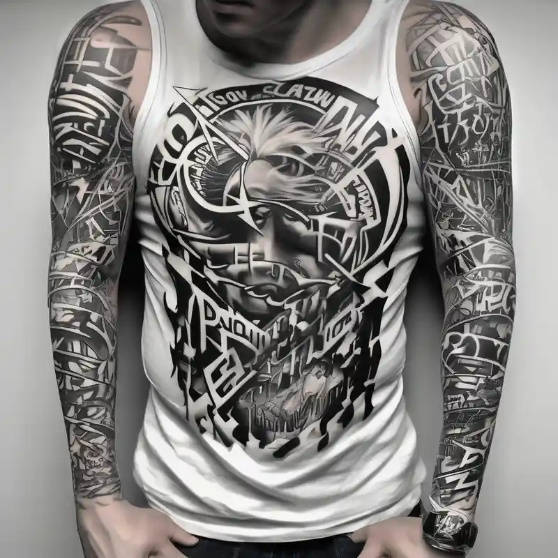 black and white style ダック・プレスコットのレッグタトゥーアイデア 2025年 about Dawson and Dakota names in a graffiti into a full tattoo sleeve half sleeve tattoos for men and Dawson and Dakota names in a graffiti into a full tattoo sleeve half sleeve tattoos for men